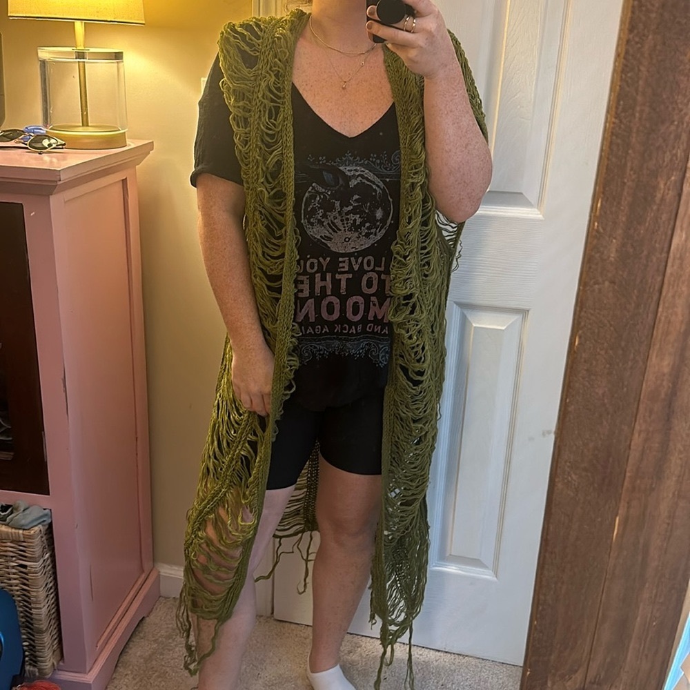Green Fringe Long Vest One Size